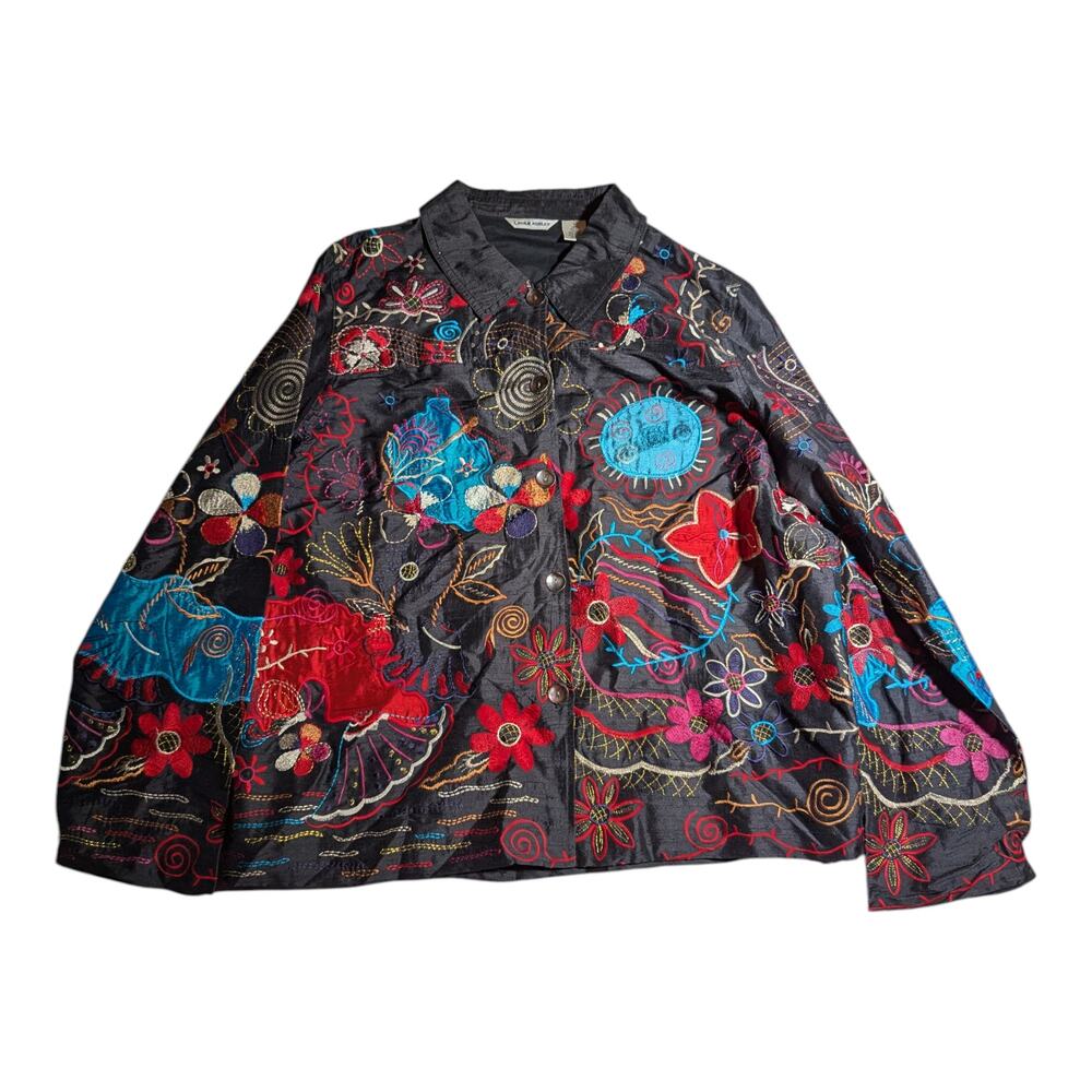 Vtg 1990s Laura Ashley Black 100% Silk Colorful Floral Embroidered Jacket Sz L